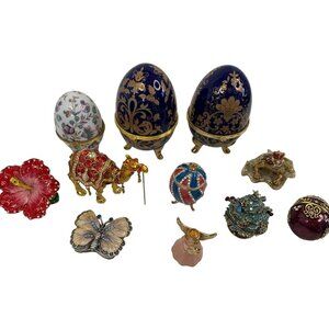 Lot Of 11 Trinket Boxes Faberge Egg Hand-Painted Porcelain Enamel Collectibles